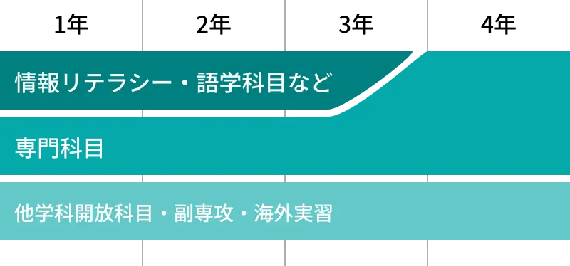 教養・語学科目は1年から3年を中心に行い、3年から4年にかけて専門科目が増える。また、副専攻などは4年間を通じて学ことができる。